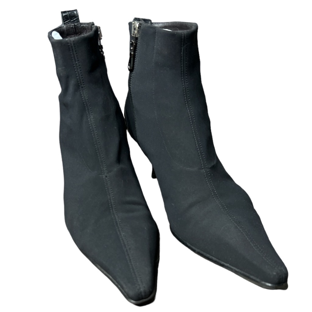 DONALD J PLINAR black leather & stretch canvas pointy toe booties 8M